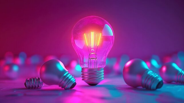 A bold, glowing light bulb standing out in a sea of dim bulbs, symbolizing innovation and business success through unique ideas that distinguish a company from the competition.