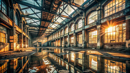 Abandoned industrial building with large windows reflecting sunlight on water. atmosphere evokes sense of nostalgia and decay, highlighting beauty in ruin
