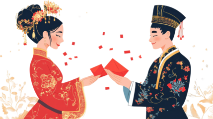 Traditional couple exchanging red envelopes during a festive celebration in a colorful cultural setting