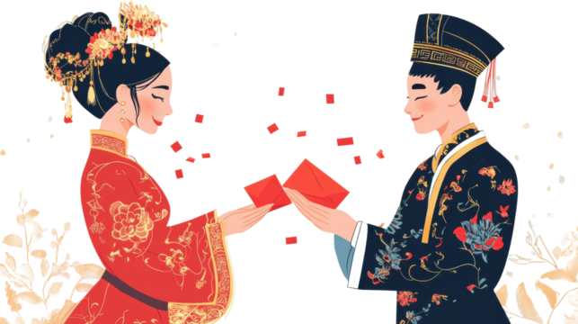 Traditional couple exchanging red envelopes during a festive celebration in a colorful cultural setting