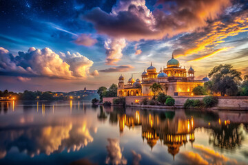 Fototapeta premium Majestic sunset over serene lake with beautiful temple reflecting in water. vibrant colors of sky create stunning backdrop for this tranquil scene