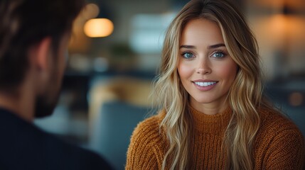 Obraz premium Woman with Long Hair Smiling in Cozy Indoor Cafe Setting