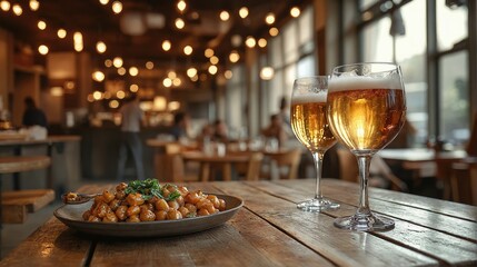 Fototapeta premium A cozy restaurant scene featuring a plate of food and two glasses of beer, ideal for promoting dining experiences, gatherings, and celebrations.