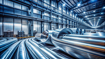 Fototapeta premium Industrial aluminum pipes and sheets in spacious warehouse, showcasing modern manufacturing environment with bright lighting and clean aesthetic