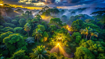 Aerial view of vibrant jungle at sunset, illuminated by soft lights. lush greenery and mist create serene and magical atmosphere, perfect for nature lovers