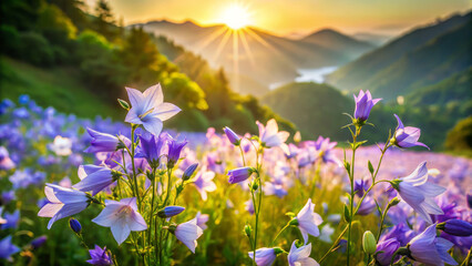 Obraz premium vibrant field of purple flowers under golden sunrise, showcasing nature beauty and tranquility. mountains in background add depth to this serene landscape