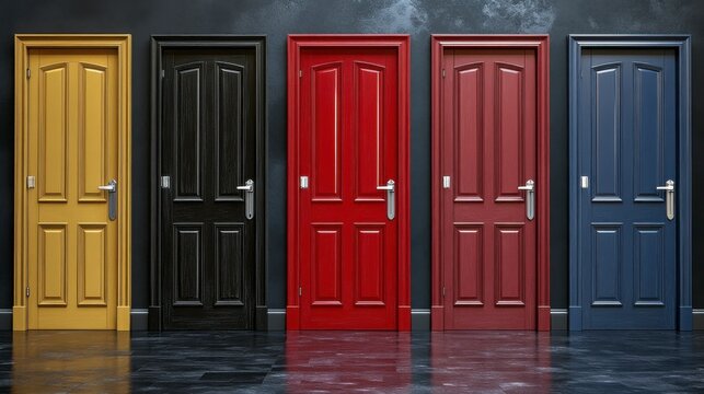 A series of open doors in different colors, representing choice and variation in business opportunities, showcasing how companies can diversify to meet different market demands.