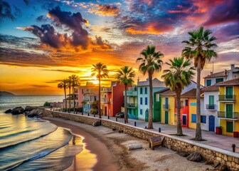 Obraz premium Surreal Seaside Villajoyosa: Colorful Houses & Dreamlike Palm Trees