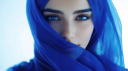 Naklejka premium Radiant Young Middle Eastern Woman with Blue Hijab Portrait