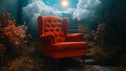 A path of stairs reaching towards a blue sky with sun and clouds, representing a business journey filled with challenges, growth, and the pursuit of success in a bright and promising future.