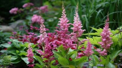 Obraz premium Pink Astilbe Flowers in a Lush Garden