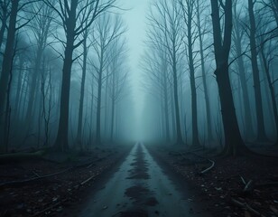 Naklejka premium Spooky Foggy Forest Path at Dusk