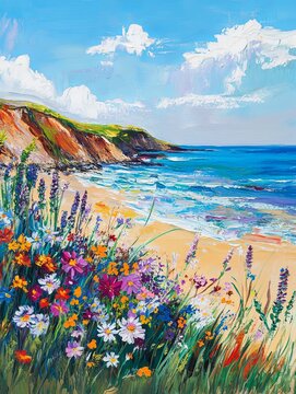 Vibrant wildflowers blooming by the topaz sea scenic beach landscape coastal bliss nature's beauty