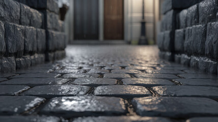 A serene cobblestone alley glistens with rain, reflecting warm light from nearby doors and lampposts, evoking a calm and cozy atmosphere.