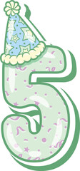 Happy Birthday English number 5 in cute pastel coloring with a party hat