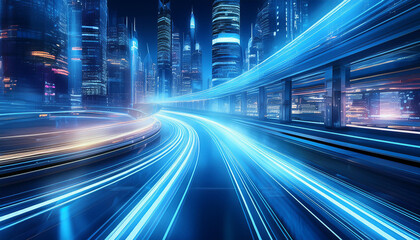 3D Rendering of warp speed in hyper loop with blur light from buildings' lights in mega city at night. Concept of next generation technology, fin tech, big data, 5g fast network, machine learning