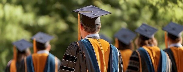 Graduates stand in line at formal ceremony wearing academic regalia. Students proudly display academic gowns, mortarboards. Celebration of education achievement evident. Scene outdoors at university