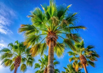 Naklejka premium Washingtonia Palm Tree, Deep Blue Sky, High Depth of Field, Majestic Palm, California Fan Palm, Desert Palm Tree, Vibrant Blue Sky, Palm Tree Photography