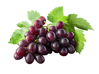 Fototapeta premium Cluster of Dark Red Grapes with Green Leaves Isolated On A White Background, PNG Transparent