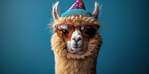 Funny alpaca wearing party hat, sunglasses. Animal looks happy. Blue background. Perfect for greeting cards, party invitations, social media posts. Ideal for birthday celebrations New Year Eve