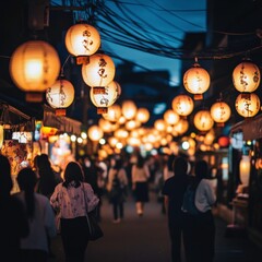 Vibrant Night Market Scene with Traditional Lanterns Illuminating Busy Street Filled with People, Offering a Rich Cultural Experience and Evening Atmosphere