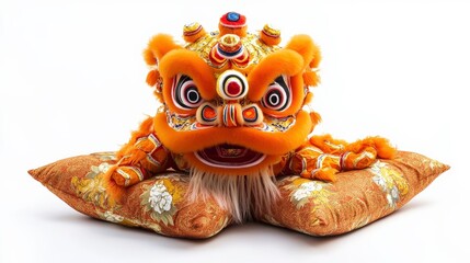 Vibrant Orange Lion Dance Costume Headpiece Displayed on Ornate Cushions Perfect for Celebrations and Cultural Events in Asian Heritage