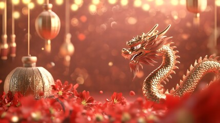 Obraz premium Golden Dragon Amidst Red Blossoms and Festive Ornaments
