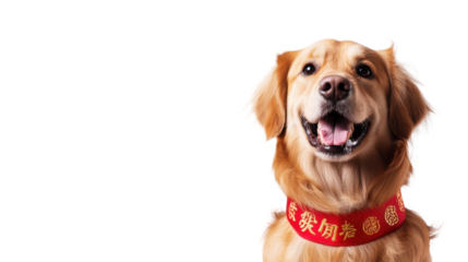 Happy golden retriever wearing red collar celebrating festive occasion indoors