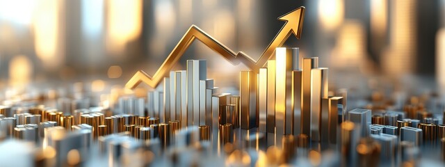 Arrow gold 3D up concept golden graph business growth background. Trade arrow gold icon 3D progress increase black abstract creative line technology grow forex polygon dot invest cursor illustration