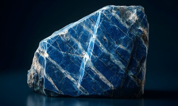 Rough, blue lapis rock with white veins on a dark background.