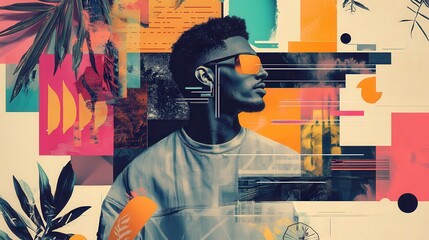 Vibrant Portrait of a Stylish Man with Sunglasses Surrounded by Colorful Abstract Shapes, Leaves, and Geometric Patterns for a Contemporary Artistic Feel