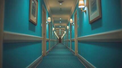 Obraz premium Blurry image of a clinic corridor, with soft blue hues and modern architecture, illustrating the sense of cleanliness, order, and innovation in a healthcare or medical laboratory setting.
