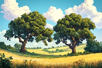 A serene landscape featuring two large trees amidst golden fields and a blue sky.