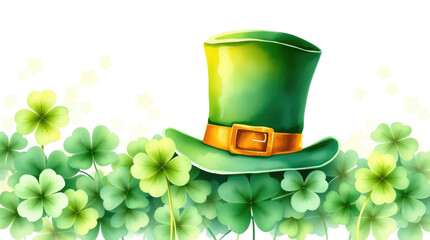  St. Patrick's Day holiday background with green leprechaun hat.Festive watercolor background with shamrocks, clover leaves and gold accents