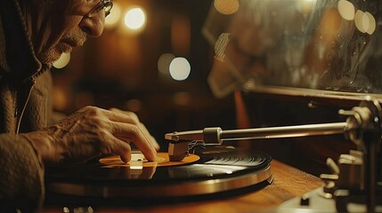 Elderly Man Gently Placing Vinyl Record on Turntable