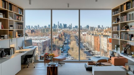 An airy white office with a large window overlooking a vibrant megalopolis, featuring a skyline of towering buildings, busy streets, and the vibrant life of a metropolitan area.