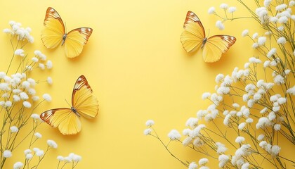 Yellow butterflies and white flowers on a pastel yellow background © Ace64 Studio