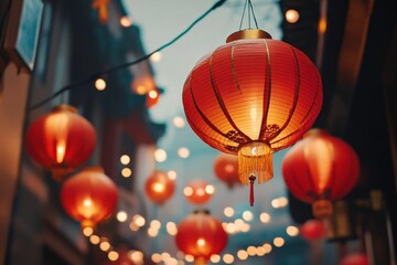 Vibrant Red Lanterns Adorning a Festive Street Scene in an Enchanting Asian Town During a Colorful Night Celebration with Bokeh Lights Softly Glowing in the Background