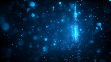 Obraz premium A sleek, abstract cityscape showcasing futuristic architecture, with motion blur and reflective glass facades of skyscrapers, framed by a blue-tinted background and bokeh highlights.