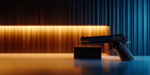 Obraz premium Dark, moody still life of a handgun on a display podium.