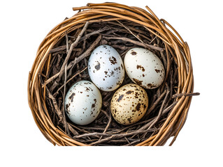 Obraz premium Four Bird Eggs in a Woven Nest Isolated On A White Background, PNG Transparent