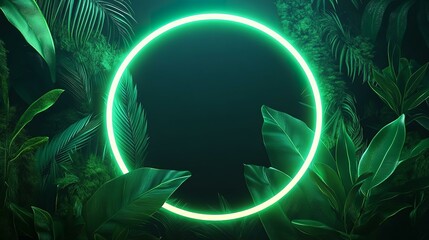 Green circle Neon shape With jungle floral Tropical.