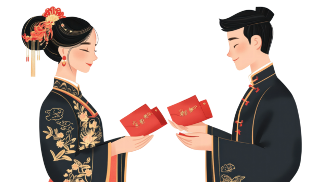 Celebrating tradition with couple exchanging red envelopes during a cultural festival in a festive setting