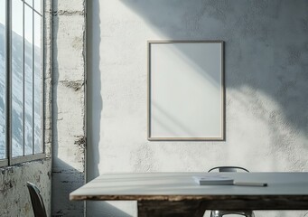 Poster Mockup in a industrial interior. table and a framed poster on a white wall.