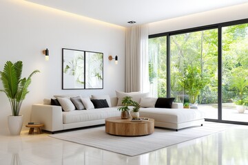 Fototapeta premium Modern bright living room with large windows, stylish furniture, green plants, and elegant decor elements