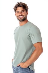 Fototapeta premium Stylish Man in Plain Green T-Shirt Posing Against White Background with Confident Smile and Casual Look