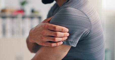 Pain, shoulder and man with hand on arm for problem, inflammation or arthritis disease. Person,...