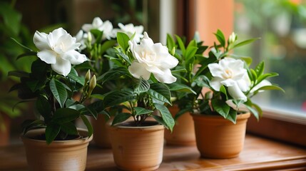 Elegant White Gardenias in Terracotta Pots on a Windowsill