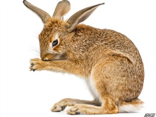 Obraz premium A detailed illustration of a sitting rabbit grooming its paws.