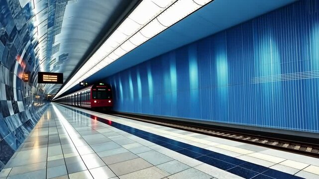 A futuristic subway station showcasing a sleek red train in motion, captured artistically by Generative Ai.